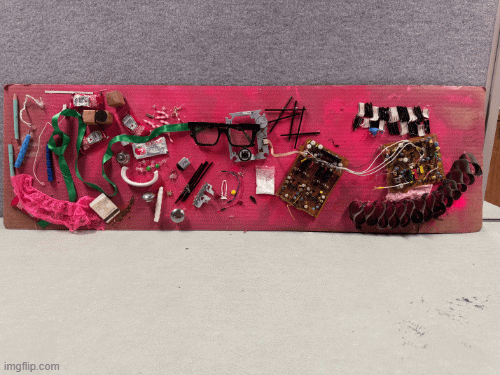 gif of a pink collage full of found objects like glasses and circut boards